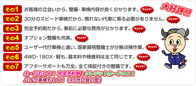 その1 お客様の立会いから、整備・車検内容が良く分かります。 その2 30分のスピード車検だから、慣れない代車に乗る必要がありません。その3 完全予約制だから、事前に必要な費用が分かります。その4 オプション整備も充実。 その5 ユーザー代行車検と違い、国家資格整備士が分解点検作業。 その6 4WD・1BOX・軽も、基本料や検査量は全て同じです。 その7 アフターサポートも万全。全て保証付きの整備です。